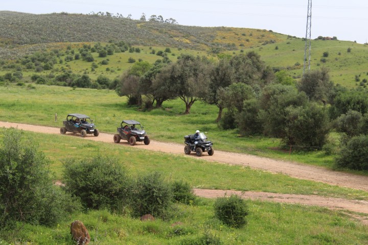 Three off-road vehicles driving on a dirt path in a green rural landscape.